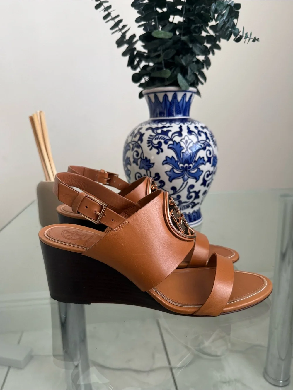 Tory Burch Tan Leather Logo Slingback Sandals
